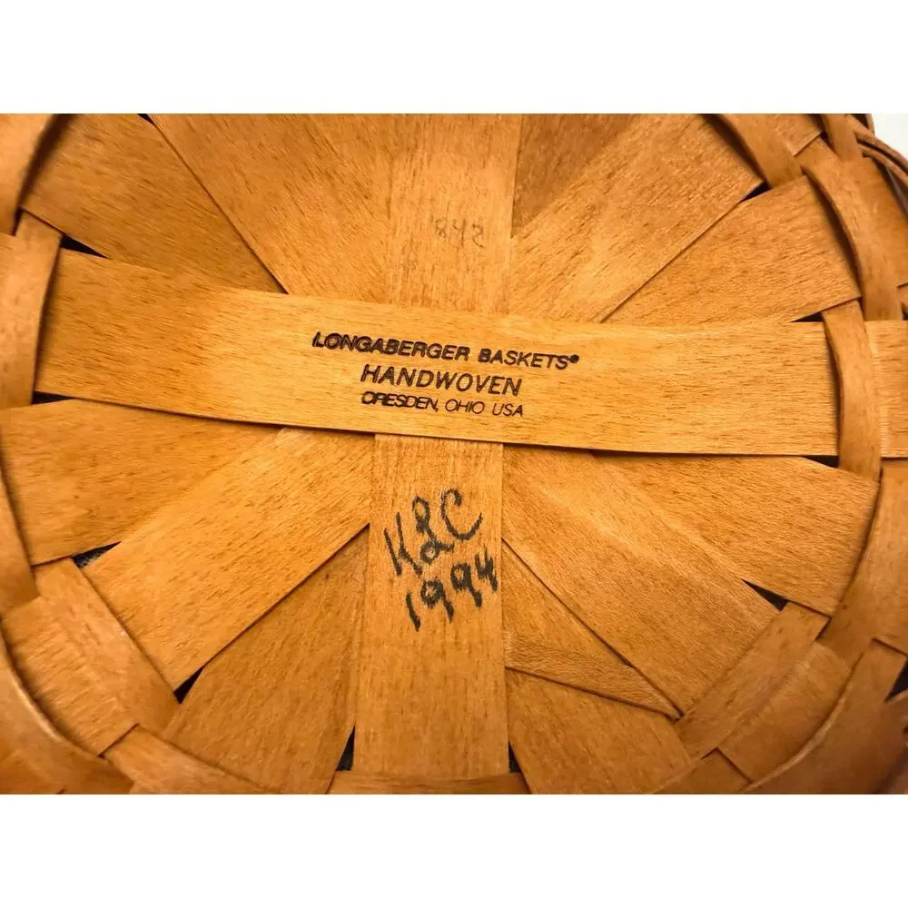 Vintage 1994 Longaberger Handwoven Round Basket - Leather Handles & Fabric Liner